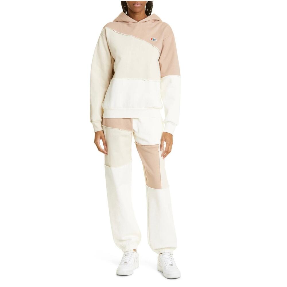 Melody Ehsani Gender Inclusive Patchwork hoodie and Sweatpants in Warm Taupe
